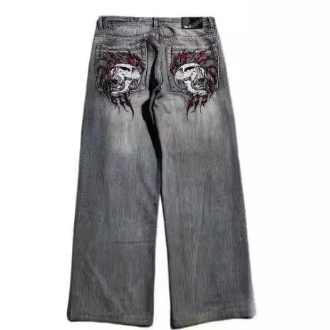 Men's grey wide-leg straight-cut jeans with a washed-out retro workwear design.