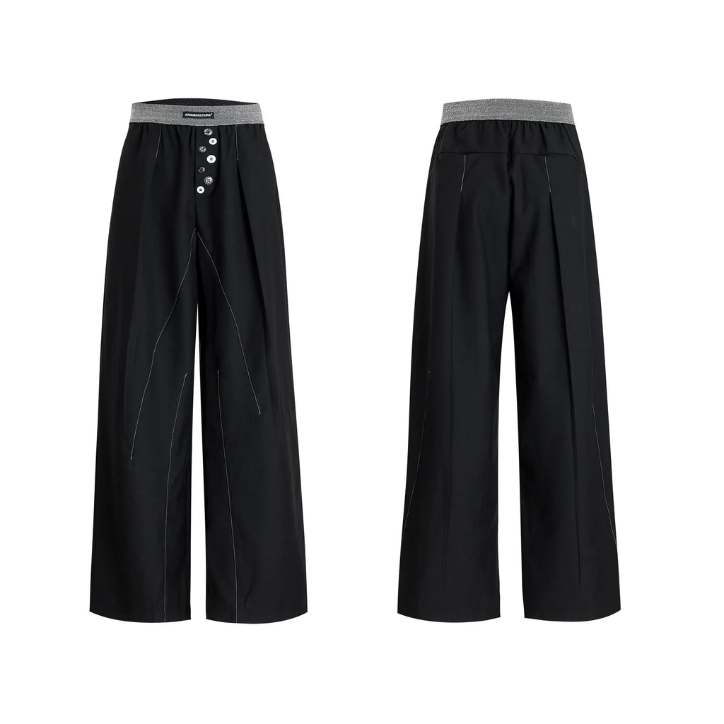 Straight-leg casual trousers with button open line design in black high waist style