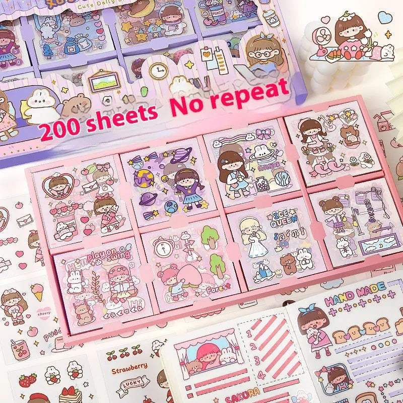 Box of children's decorative stickers with five cute theme designs for notebooks and crafts