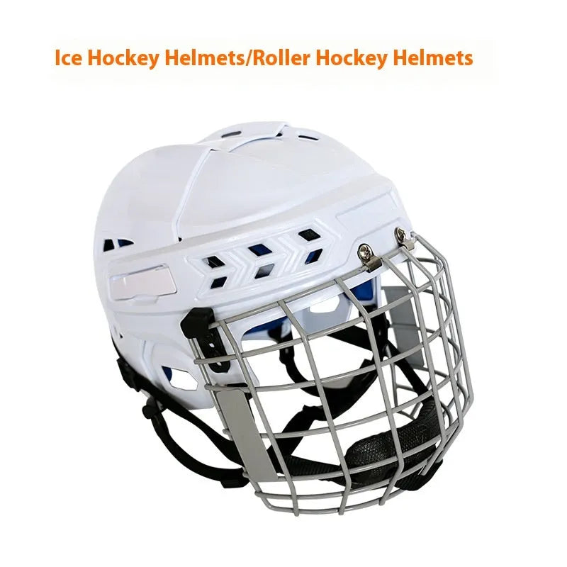 Ice hockey helmet with carbon steel face mask showing impact-resistant construction