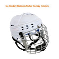 Ice hockey helmet with carbon steel face mask showing impact-resistant construction