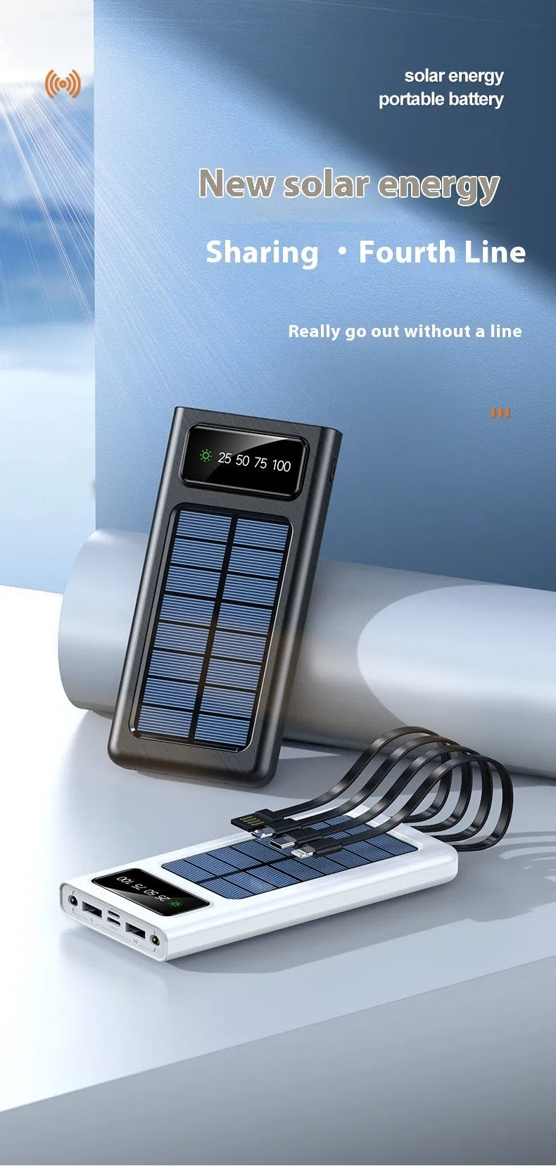 Black and white solar power bank with 20000mAh capacity and charging cable for mobile phones