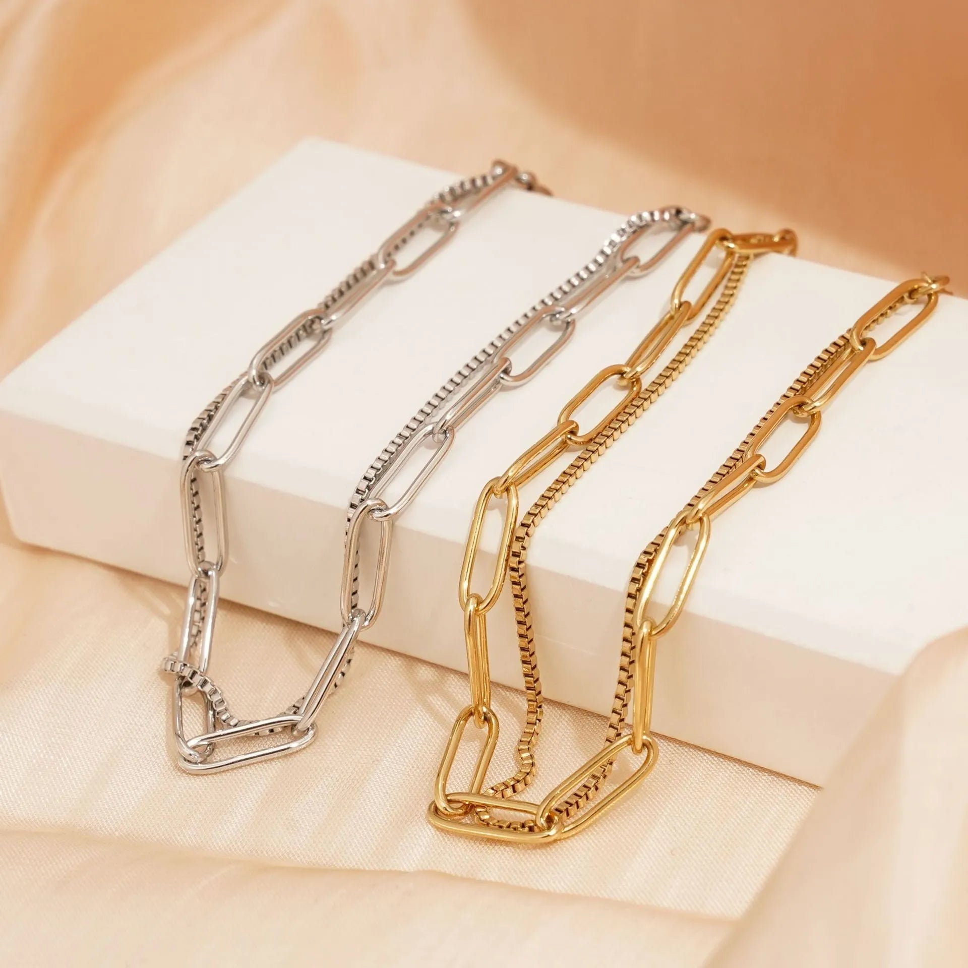 Geometric line women's bracelet with double layer stainless steel construction in gold or silver electroplated finish