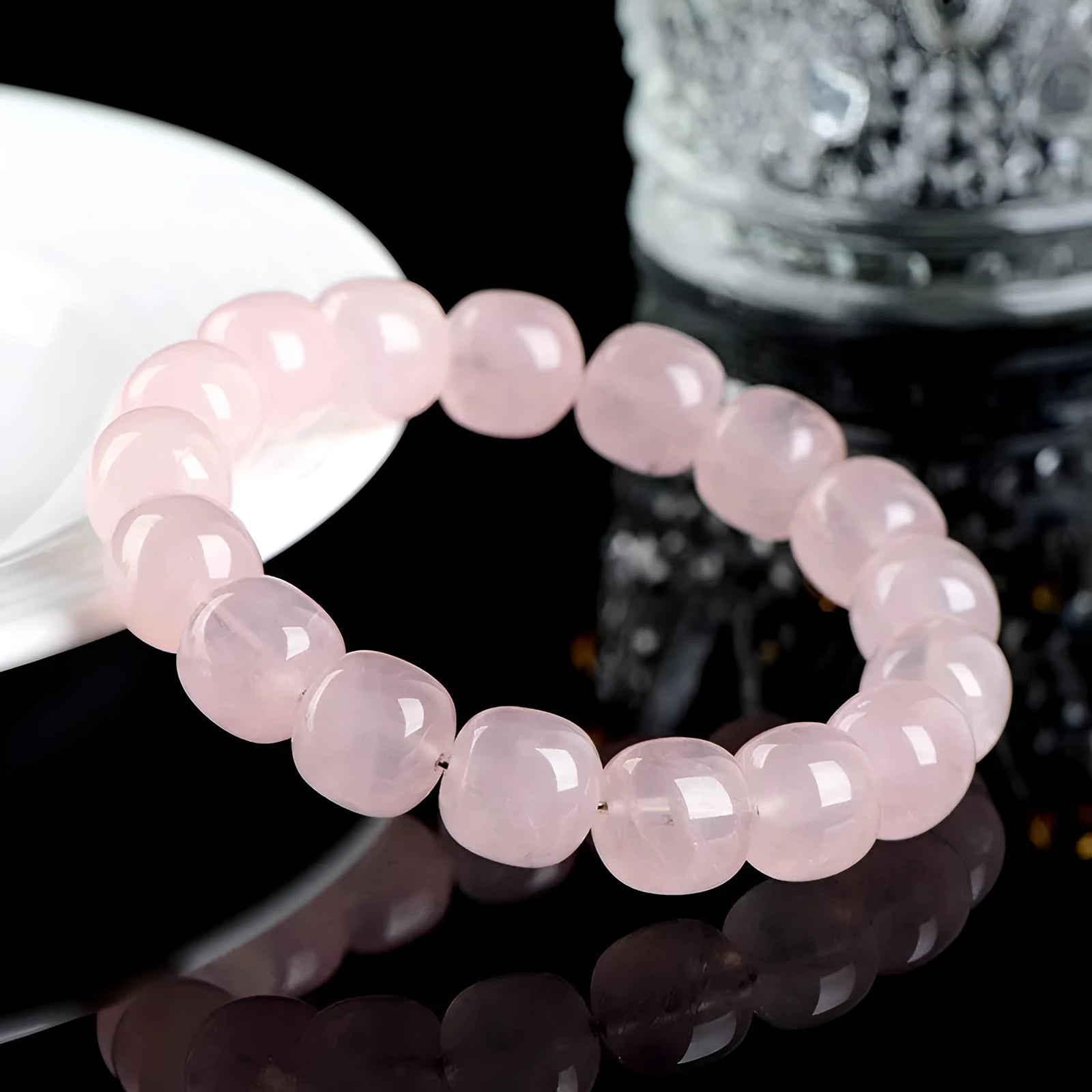 Pink natural crystal bracelet with 11-12mm geometric barrel beads and bamboo-inspired design