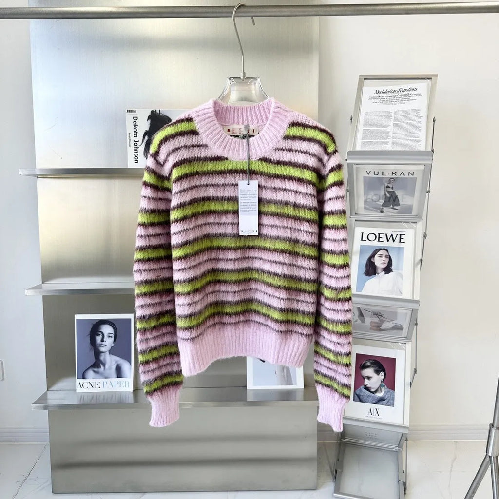 Pink wool knitted cardigan sweater with contrast colour details and regular sleeves