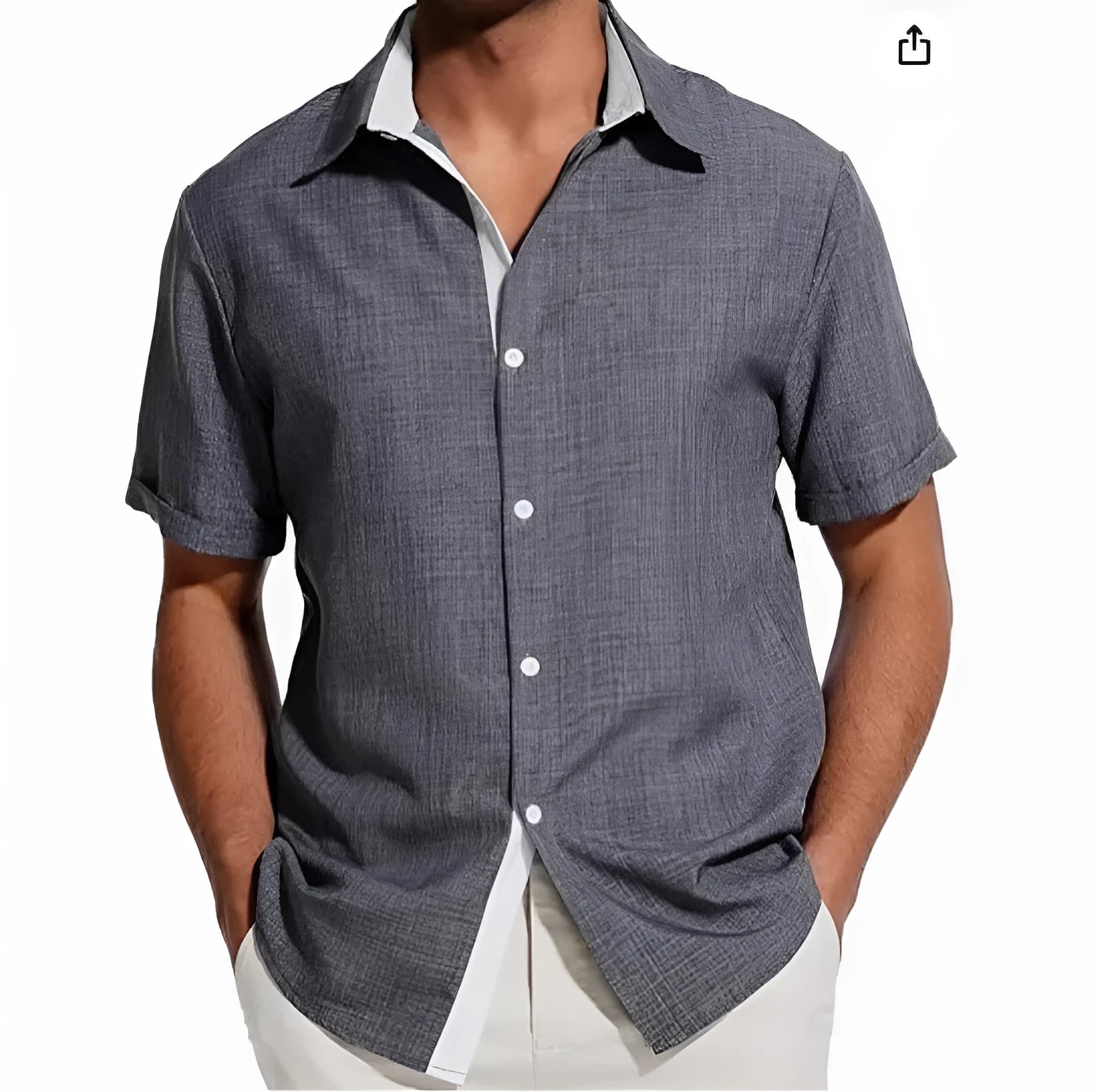 Men's short-sleeved floral print polyester shirt in grey, shown in a regular fit.