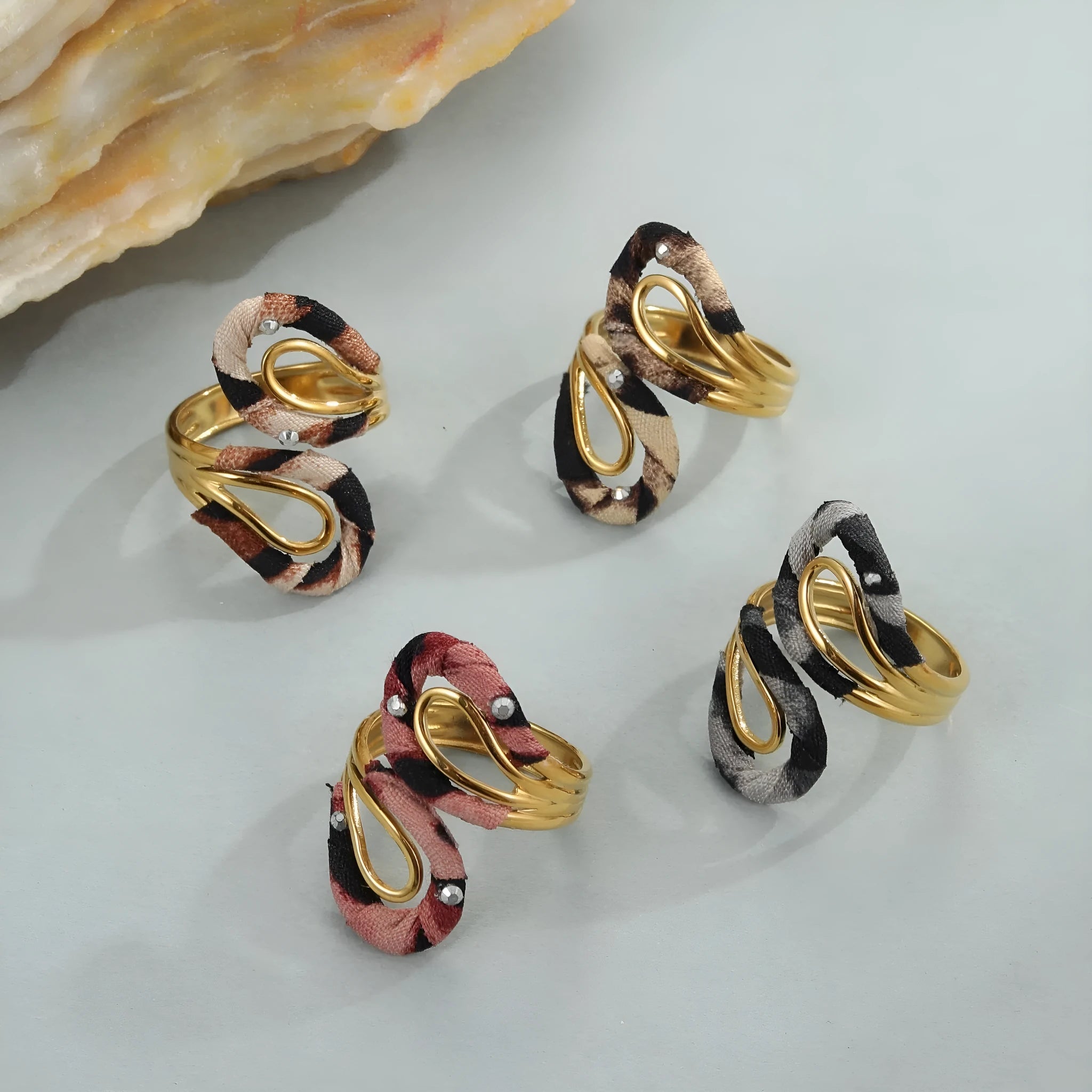 Open mouth stainless steel ring with leopard print geometric patterns in heart and star shapes