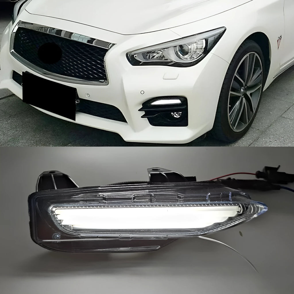 Infiniti Q50 Q70 front bumper LED daytime running lamp with streamer light effect.