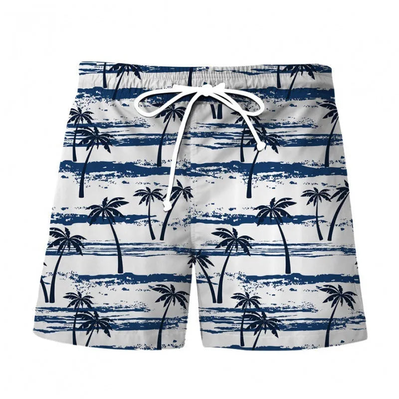 Men's 3D digital printing beach shorts with Hawaiian pattern, polyester fabric, micro-elastic waist