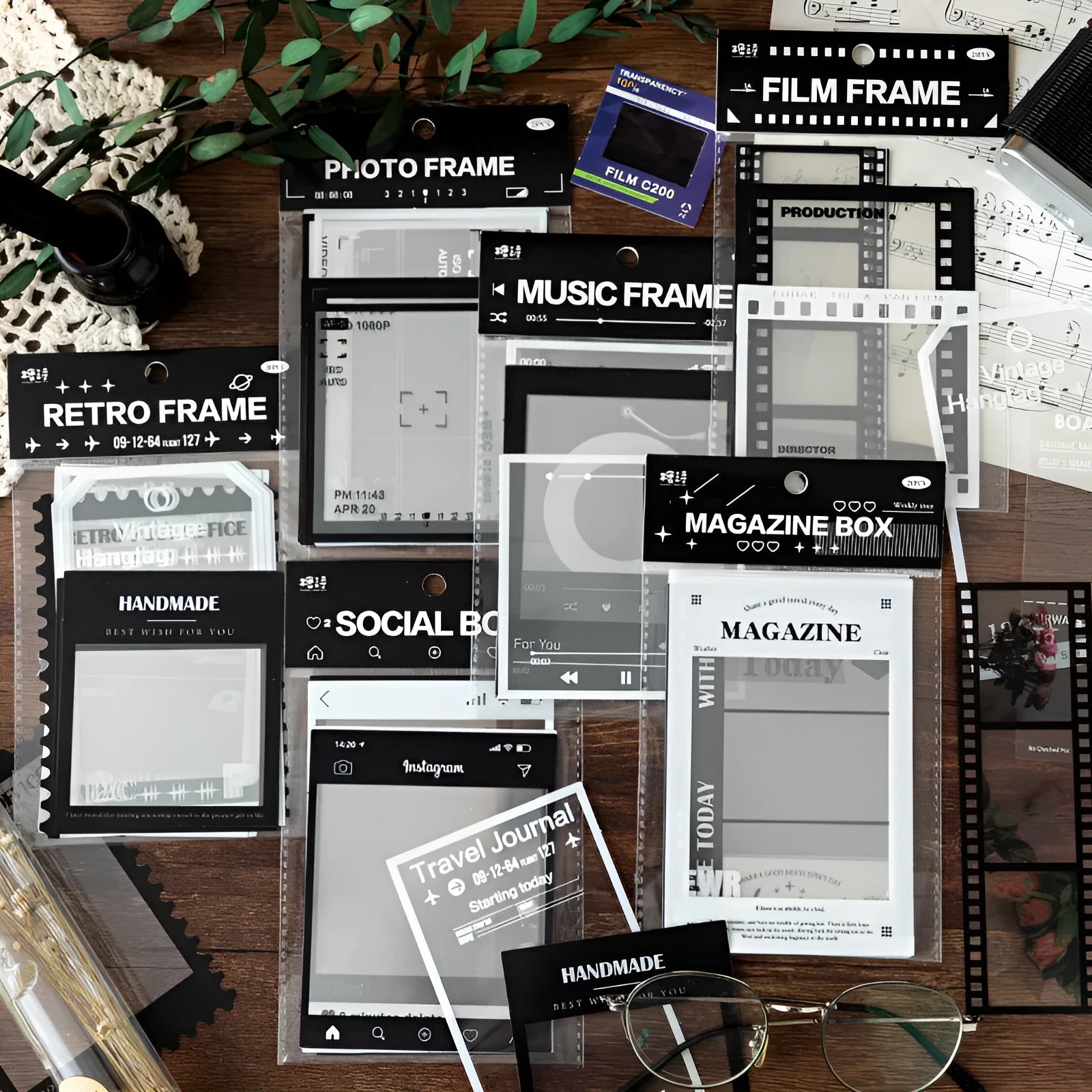 Pack of 15 transparent retro-themed frame stickers for journal decoration on a paper background.