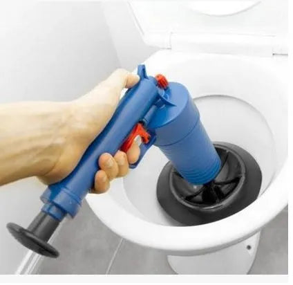 Plastic drain blaster gun with handle and four different-sized suction cup adapters for unblocking pipes.