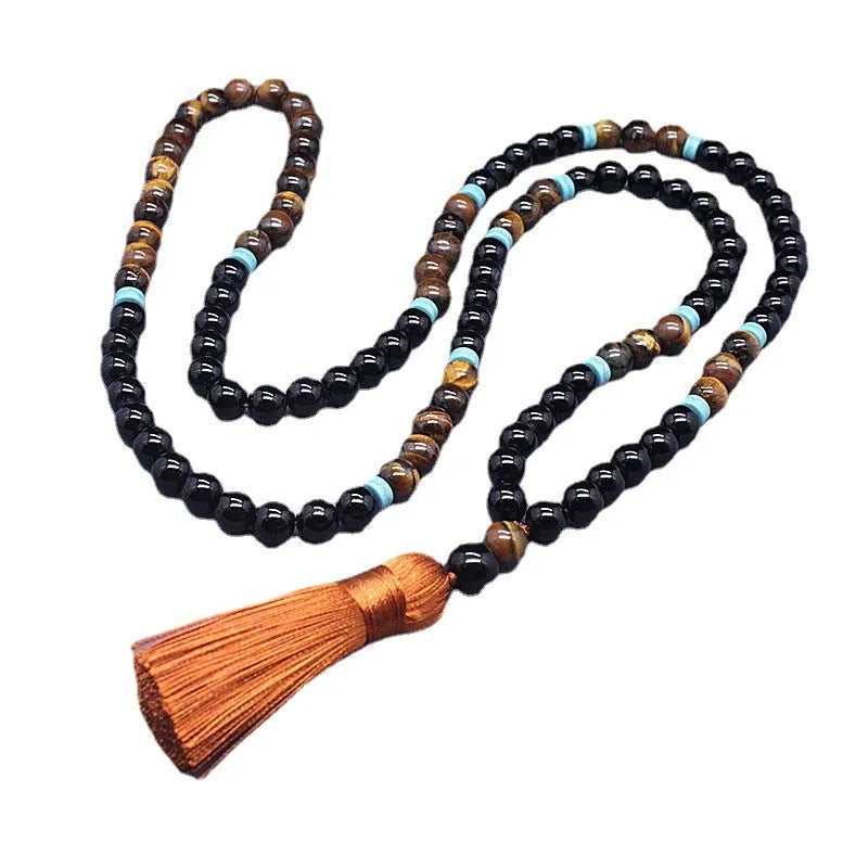 Black agate beads jewellery set with tigereye ornament stone necklace and geometric bracelet