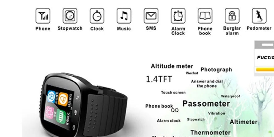 Smart Bluetooth sports watch compatible with iPhone and Android, in black, white, and blue colours.