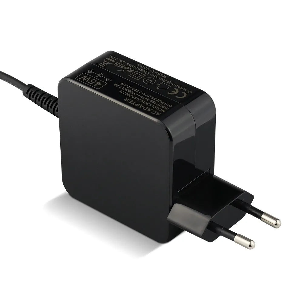 Black Hua 45W laptop adapter with American plug showing EU/US compatibility labels