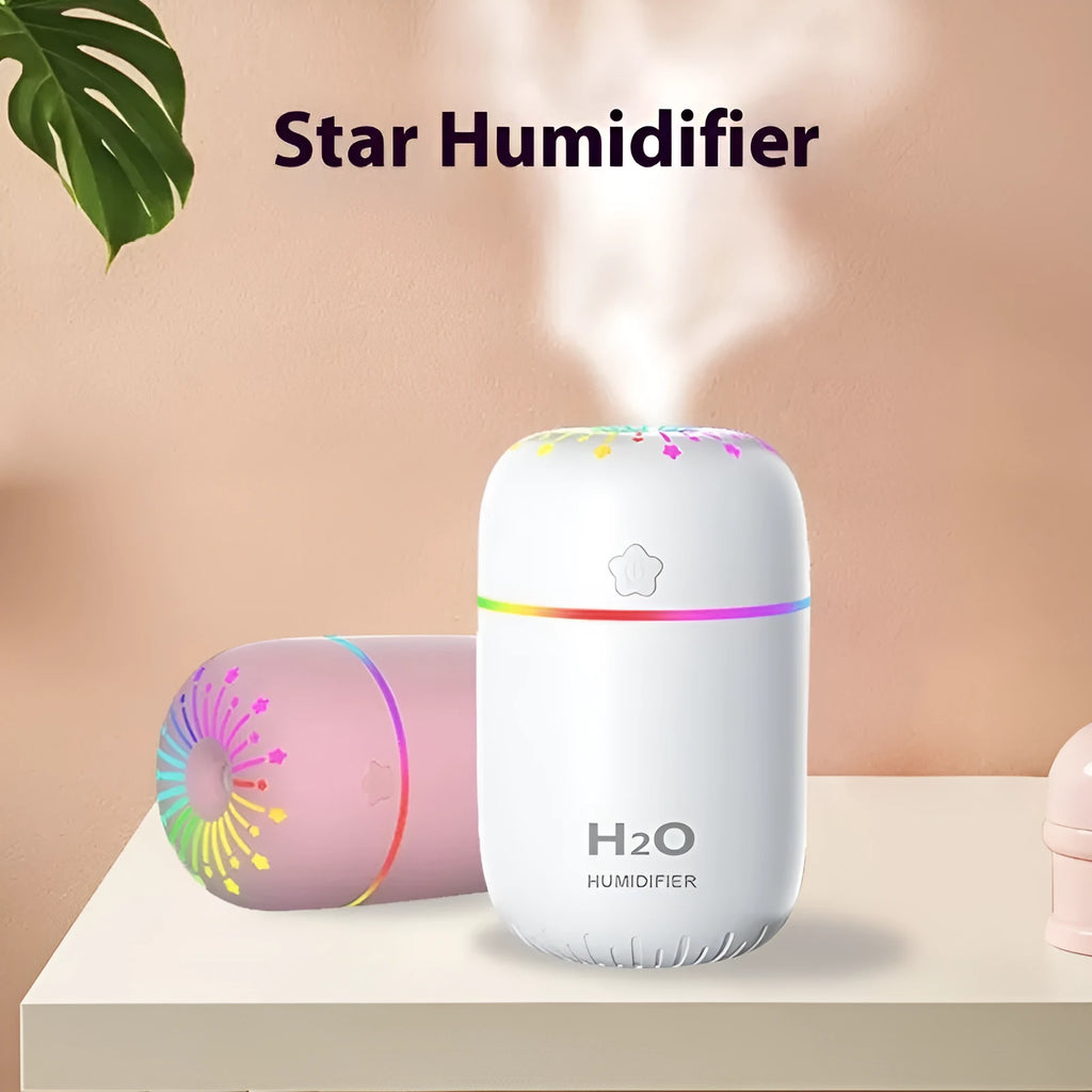 White USB desktop humidifier with compact 75x75x116mm dimensions and 300ml water tank capacity