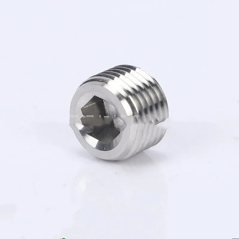 Stainless steel hexagon plug for 3/8 inch pipe bulkhead with hexagonal head.