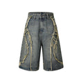 American Pu Shuai men's distressed denim shorts with raw edge trim in black, straight leg cropped fit.