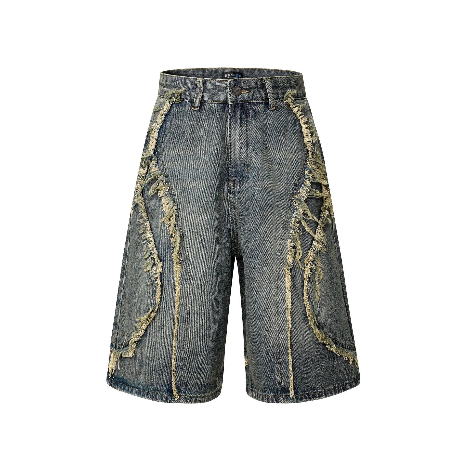American Pu Shuai men's distressed denim shorts with raw edge trim in black, straight leg cropped fit.
