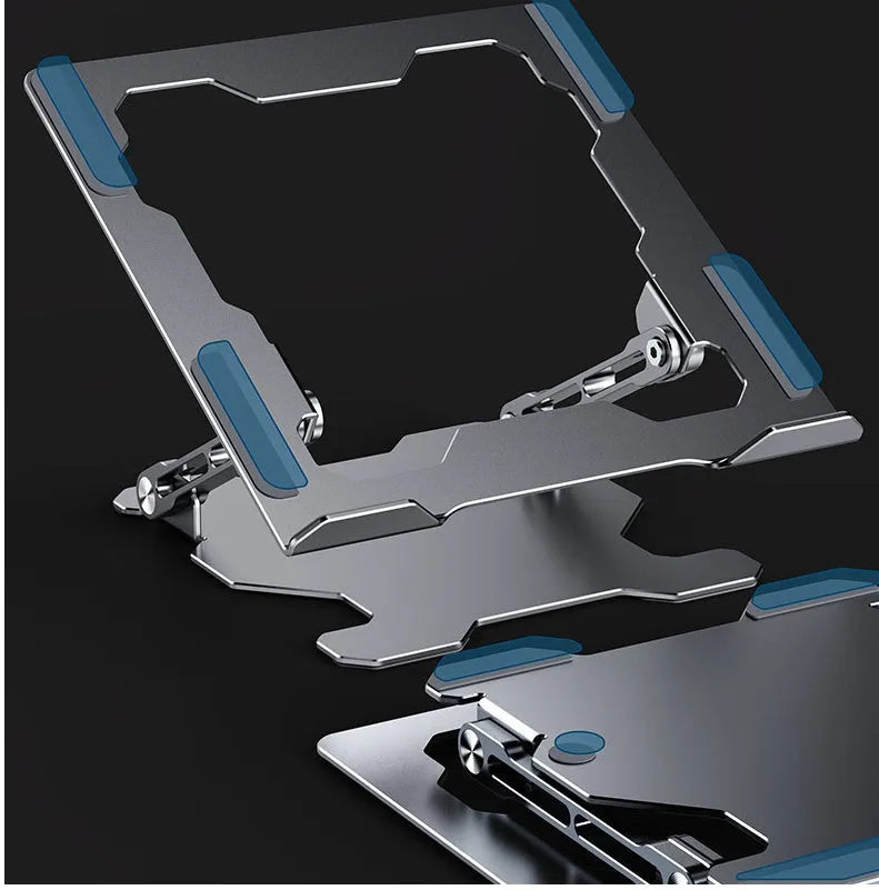 Grey aluminium laptop stand with adjustable angle and folding portable design