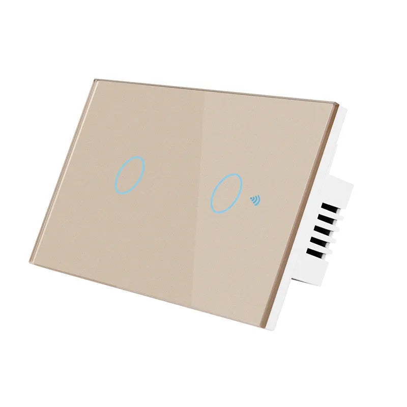 Modern 2-gang tempered glass touch light switch with white finish and blue LED indicator