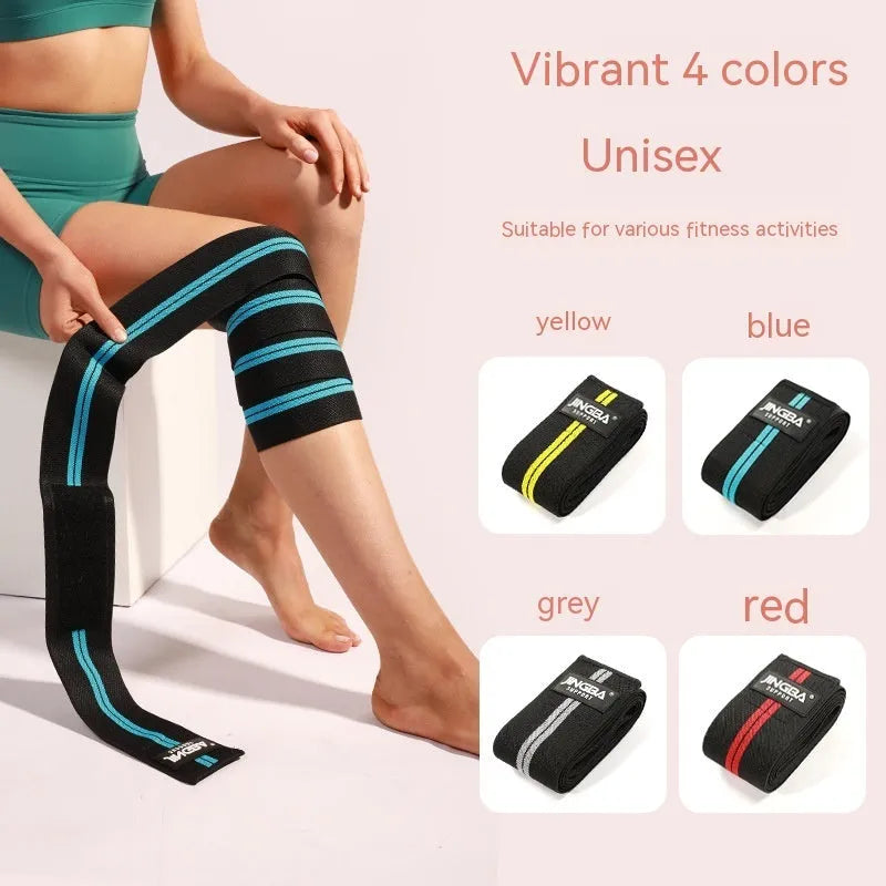 Adult adjustable sports knee pads for weightlifting and cycling in blue, grey, red or yellow colours.
