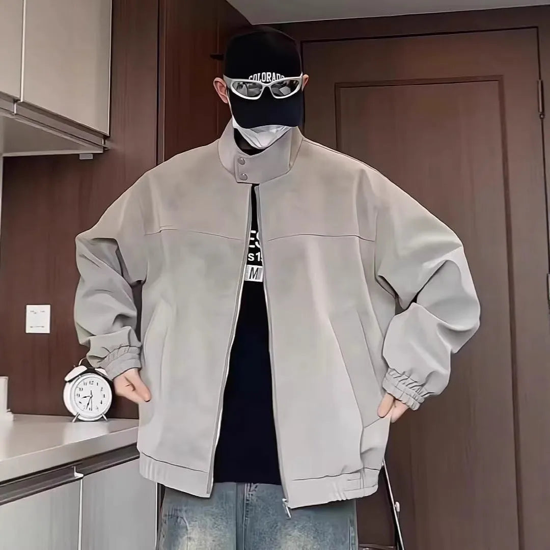 Grey and black tie-dye pattern on a men's loose-fit PU leather jacket with a stand collar.