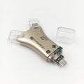 White 4-in-1 mobile phone card reader with Lightning, USB, TYPE-C, and Micro USB ports for SD and Micro SD cards.