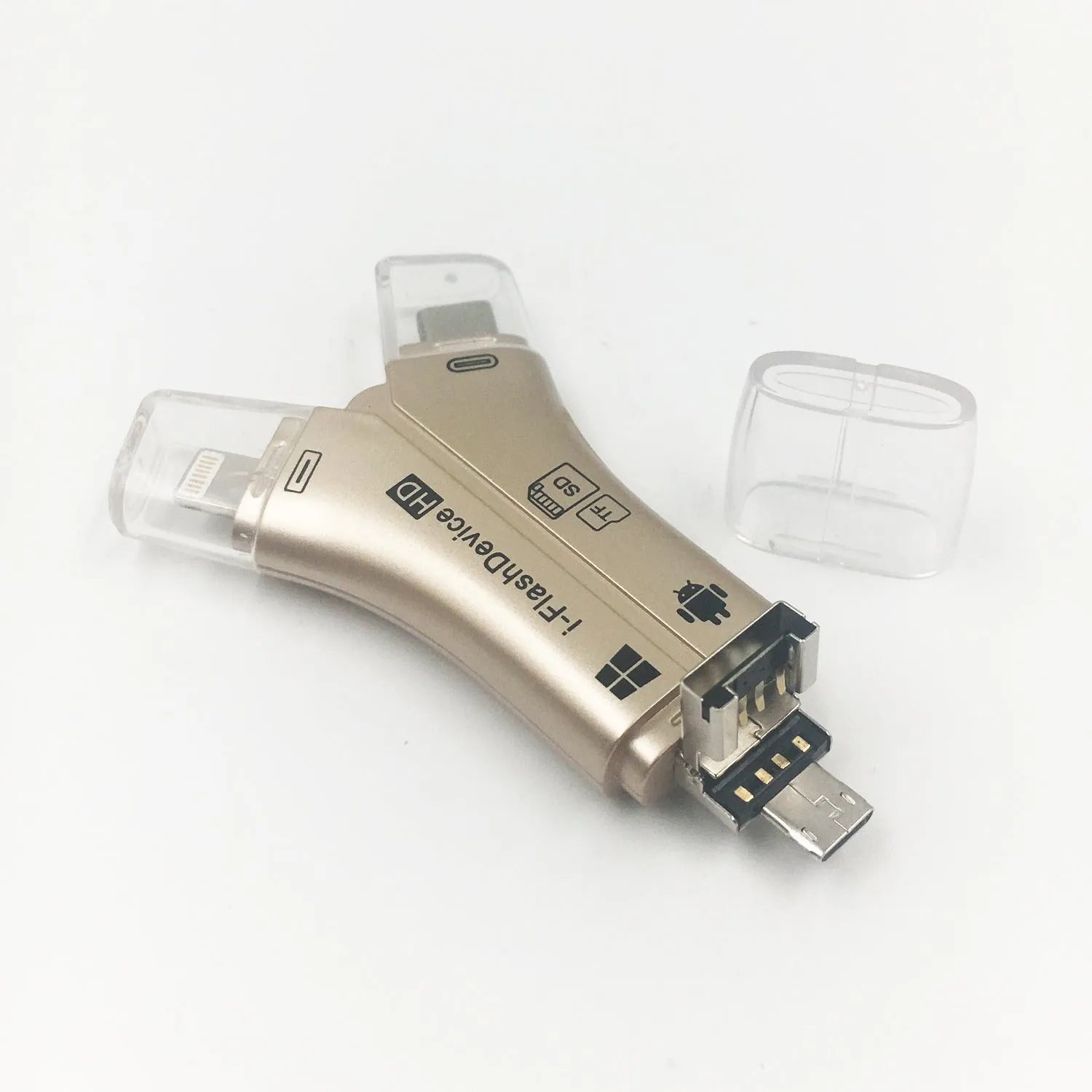 White 4-in-1 mobile phone card reader with Lightning, USB, TYPE-C, and Micro USB ports for SD and Micro SD cards.