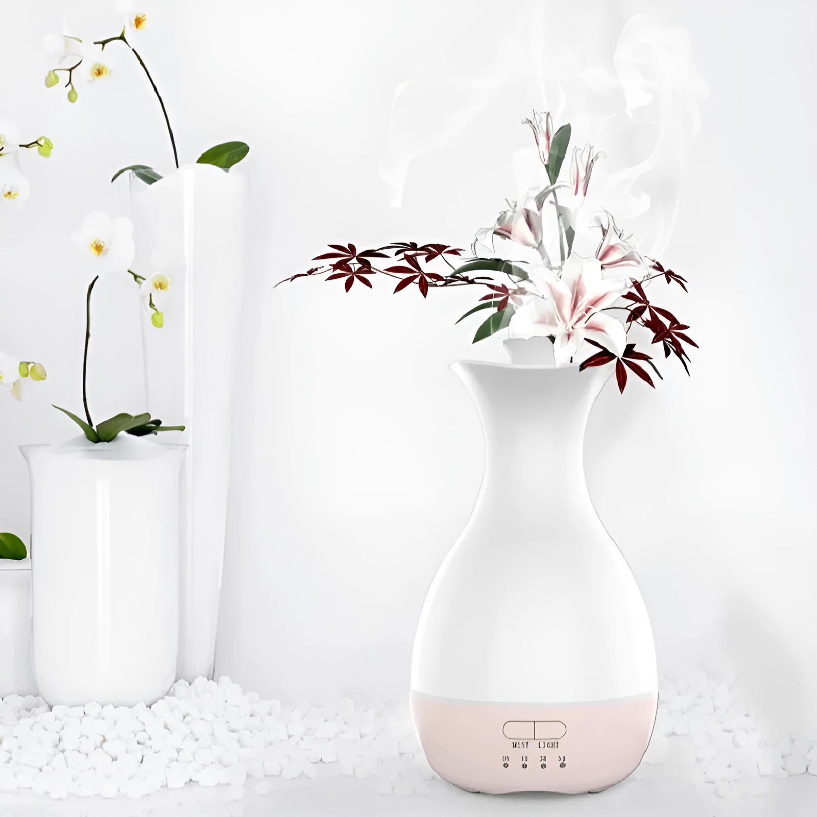 White ultrasonic flower arrangement aroma diffuser with colourful night light and 200ml water tank