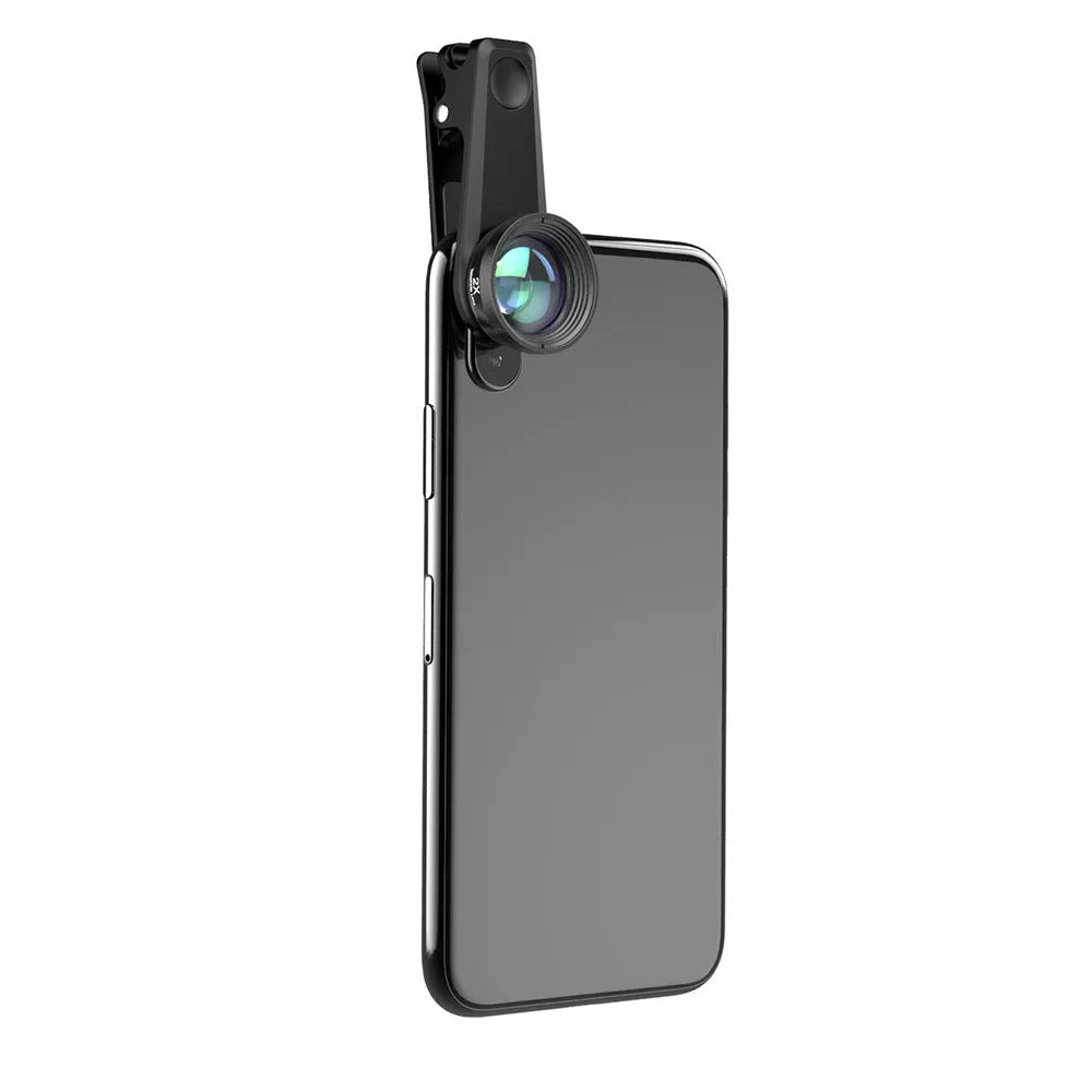 6 in 1 universal smartphone camera lens kit with fisheye, wide, macro, telephoto, CPL and star filter lenses and mounting clip.
