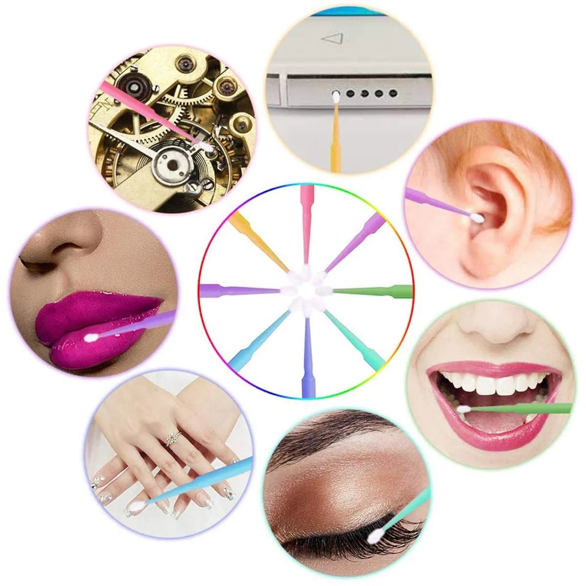 Disposable micro applicator brushes with colourful handles and bendable cotton swabs for makeup and eyelash extensions
