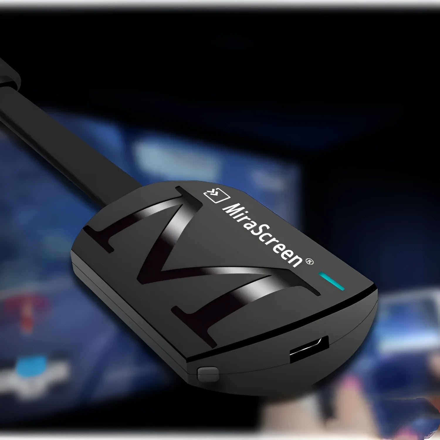 Black USB HDMI dongle for screen mirroring phones to TV, showing compact size and connectors.