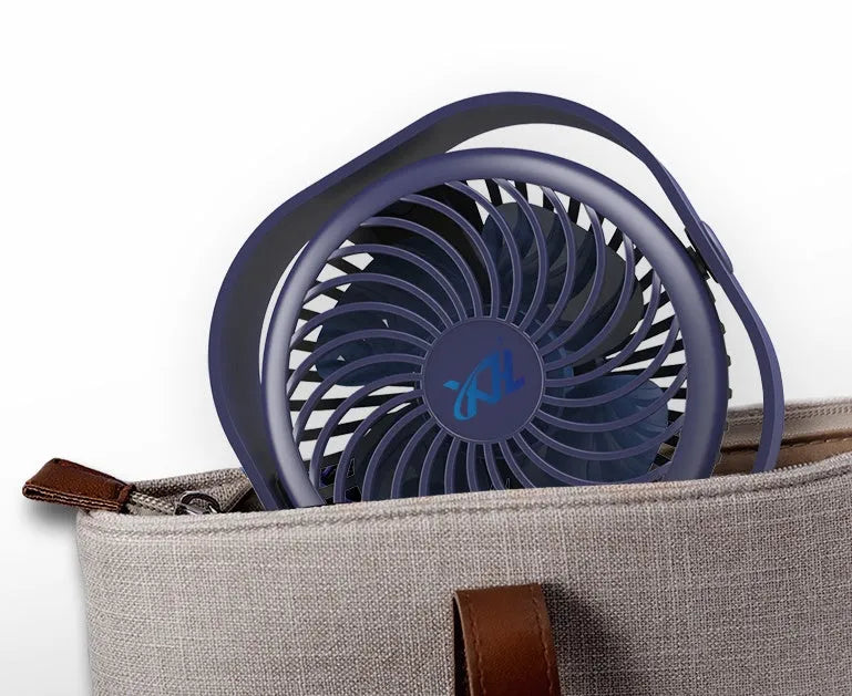 Compact USB desk fan with rotary switch shown in blue colour, demonstrating 360-degree rotation feature.