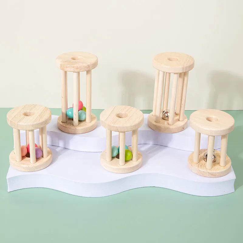 Wooden hand cranked bell educational rattle for toddlers