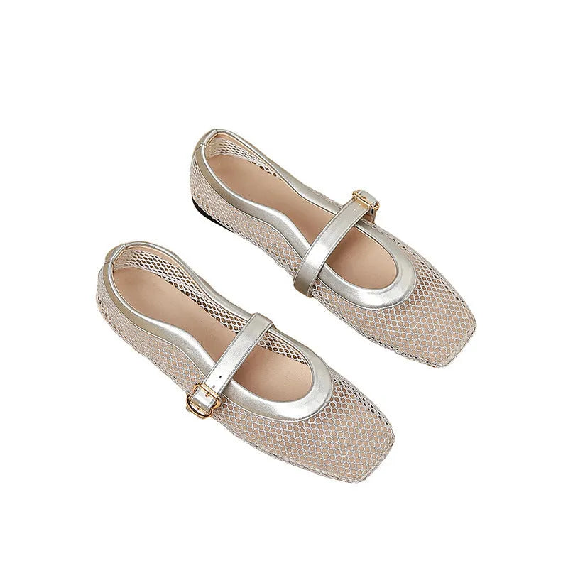 Women's low-heel mesh pump shoe in beige colour with a buckle closure and square toe.