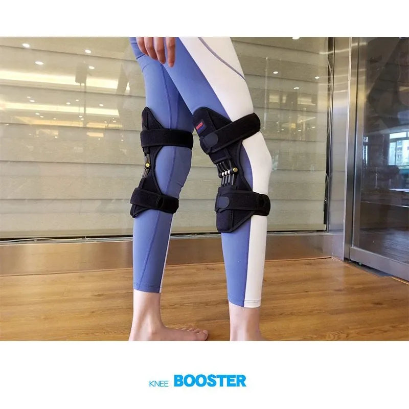 Adjustable spring knee brace for patella support in black colour with straps and venting holes