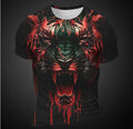 Man wearing a short sleeve T-shirt with a large 3D tiger pattern print across the chest.