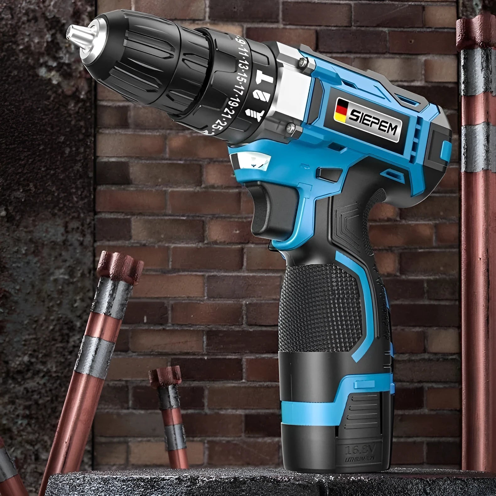 Cordless impact driver drill with pistol grip, LED light and plastic storage case containing drill and screwdriver bits