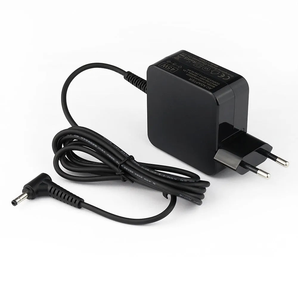 Black Hua 45W laptop adapter with American plug showing EU/US compatibility labels