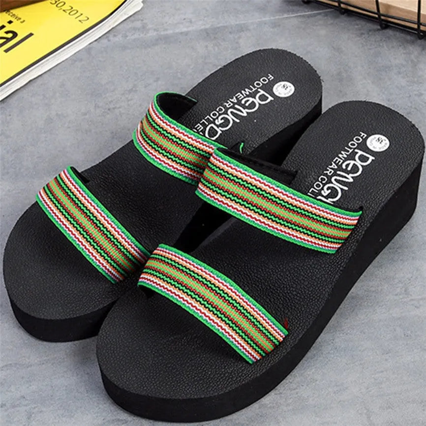 Women's brown bohemian slippers with elastic EVA upper, rubber sole, and an adjustable webbing clip.
