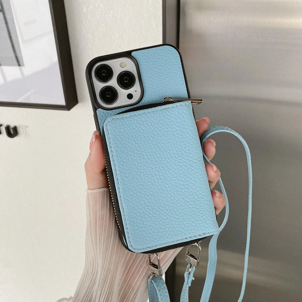 Litchi patterned phone case for iPhone in multiple colours showing PC and leather construction.