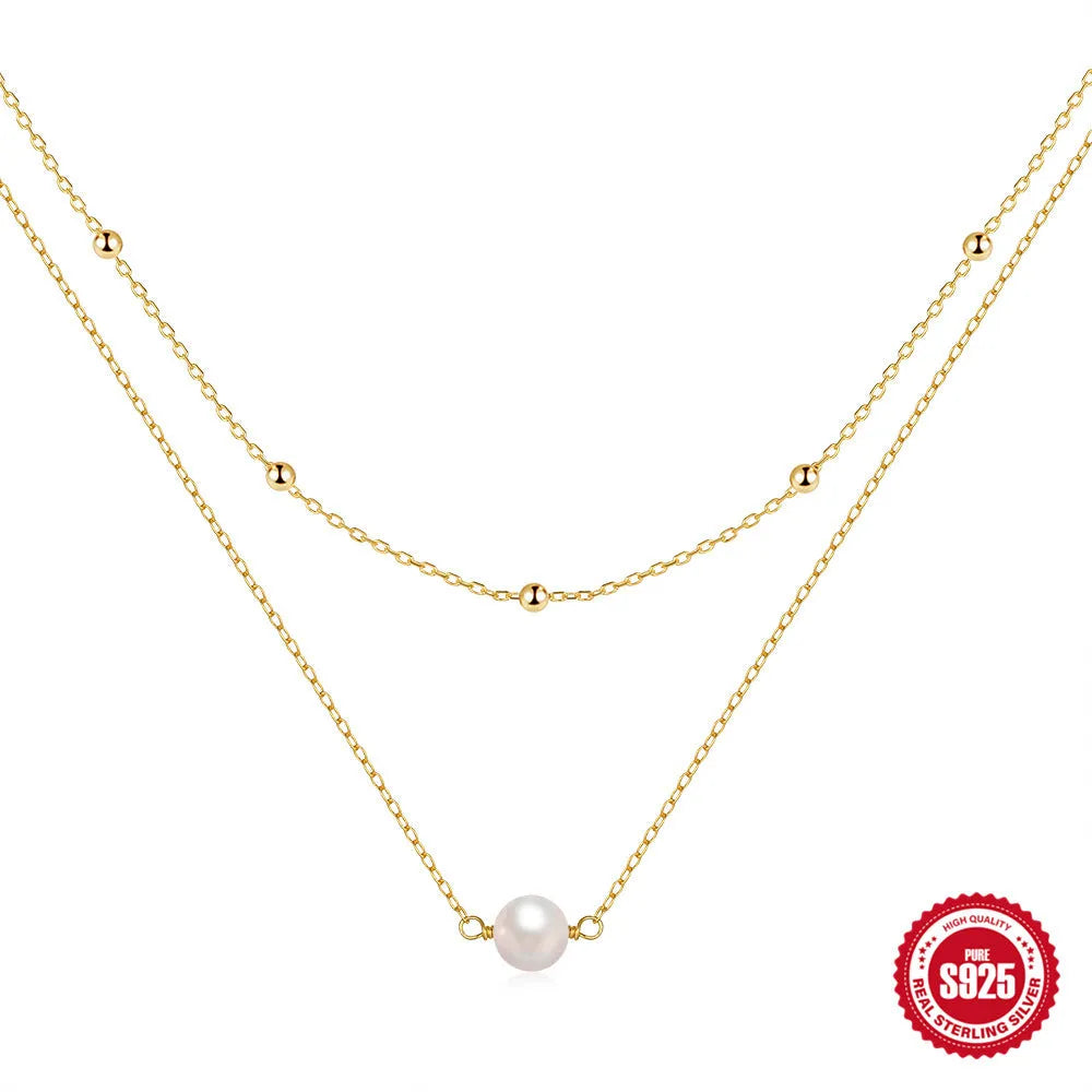 S925 sterling silver double layer necklace with twin pearl elements on ball bead chain