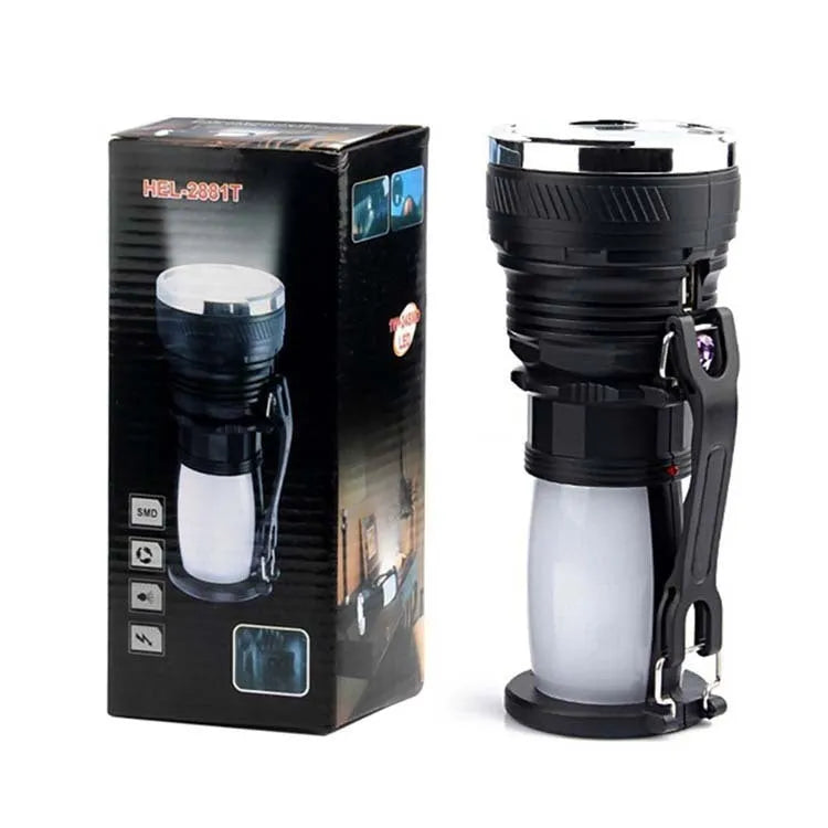 Black solar-powered and USB-rechargeable LED emergency flashlight with press switch.