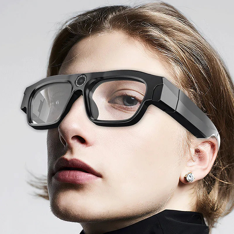 Black smart Bluetooth glasses with built-in camera for head-mounted video recording