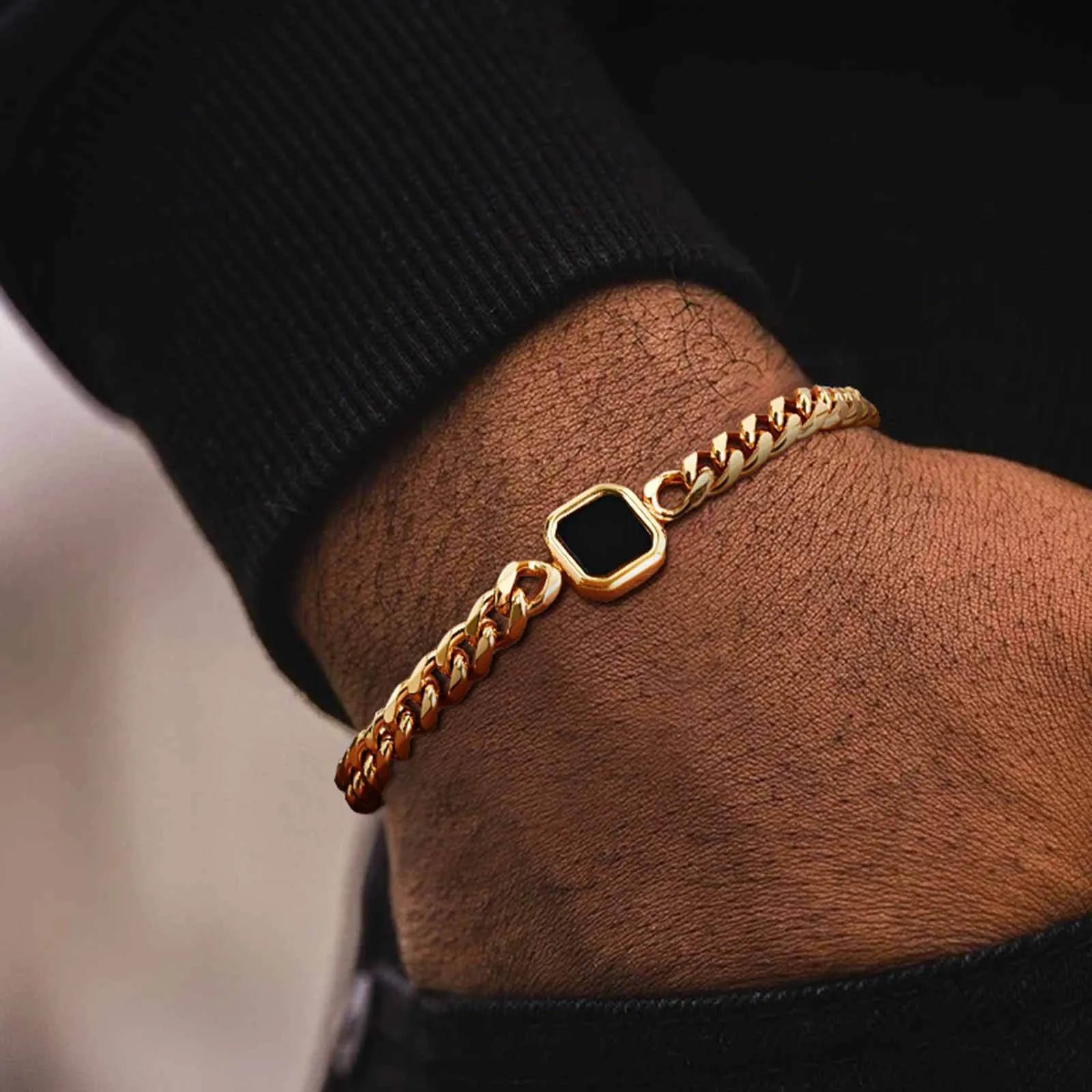 Stainless steel chain bracelet with six-sided acrylic geometric beads in Gold and Steel colour options