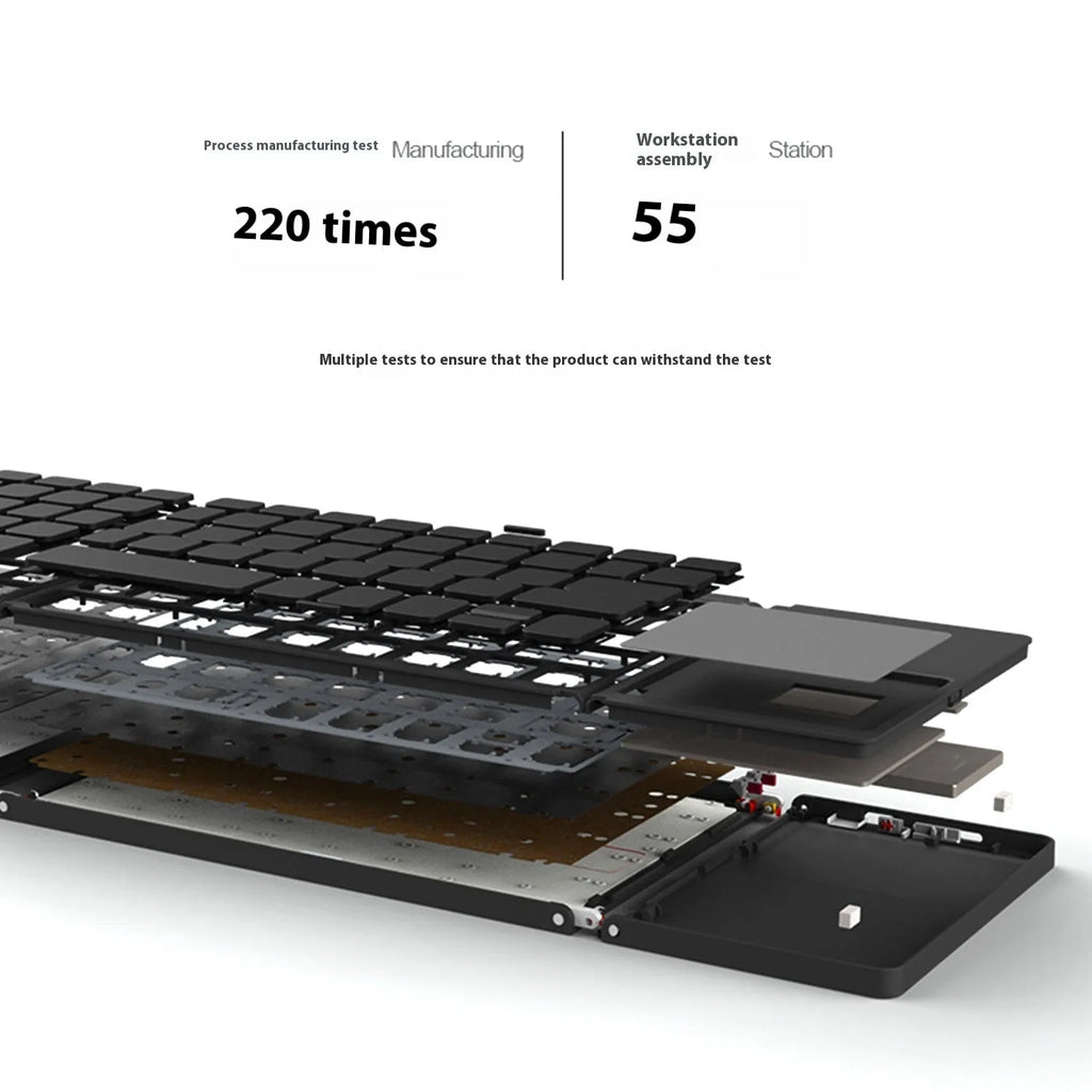 Mini tri-fold Bluetooth keyboard showing folded compact size with silver ABS plastic finish