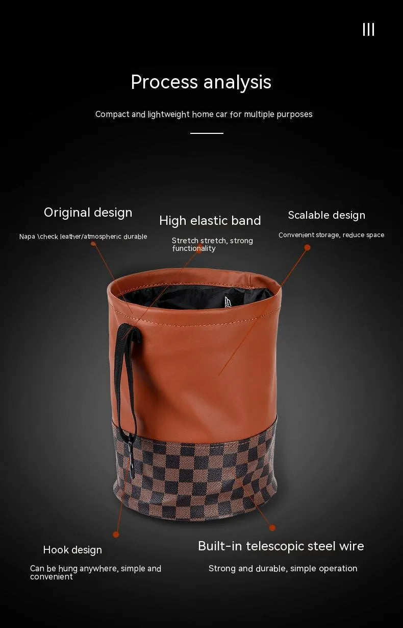Black leather folding car bin with retractable handle and waterproof lining for vehicle waste collection