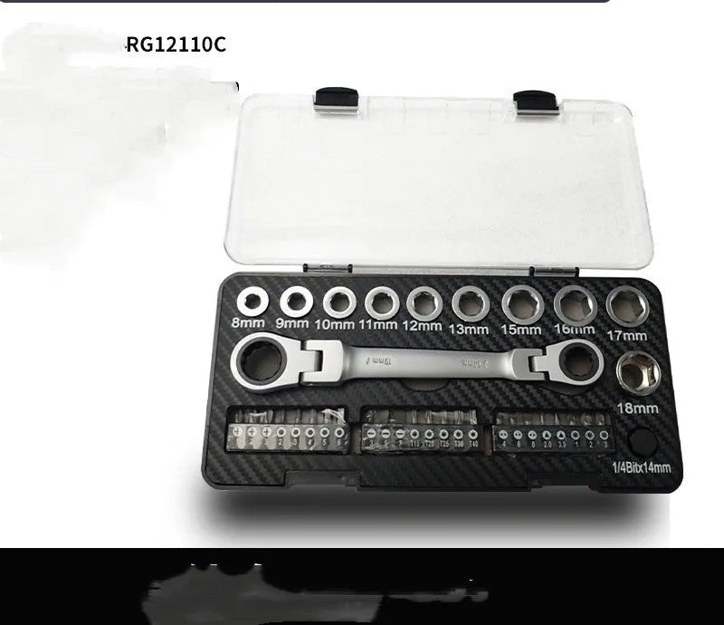 Ratchet wrench set with two-way ratchet mechanism, ten sockets, and three bit heads laid out on a surface