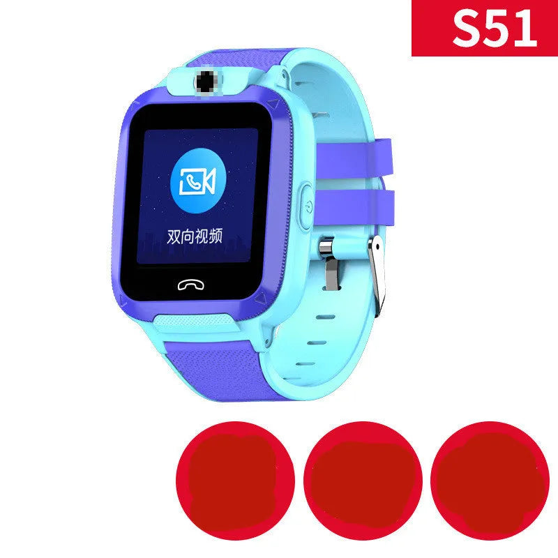 Blue children's GPS smartwatch with a 1.44-inch colour touch screen showing a video call interface.
