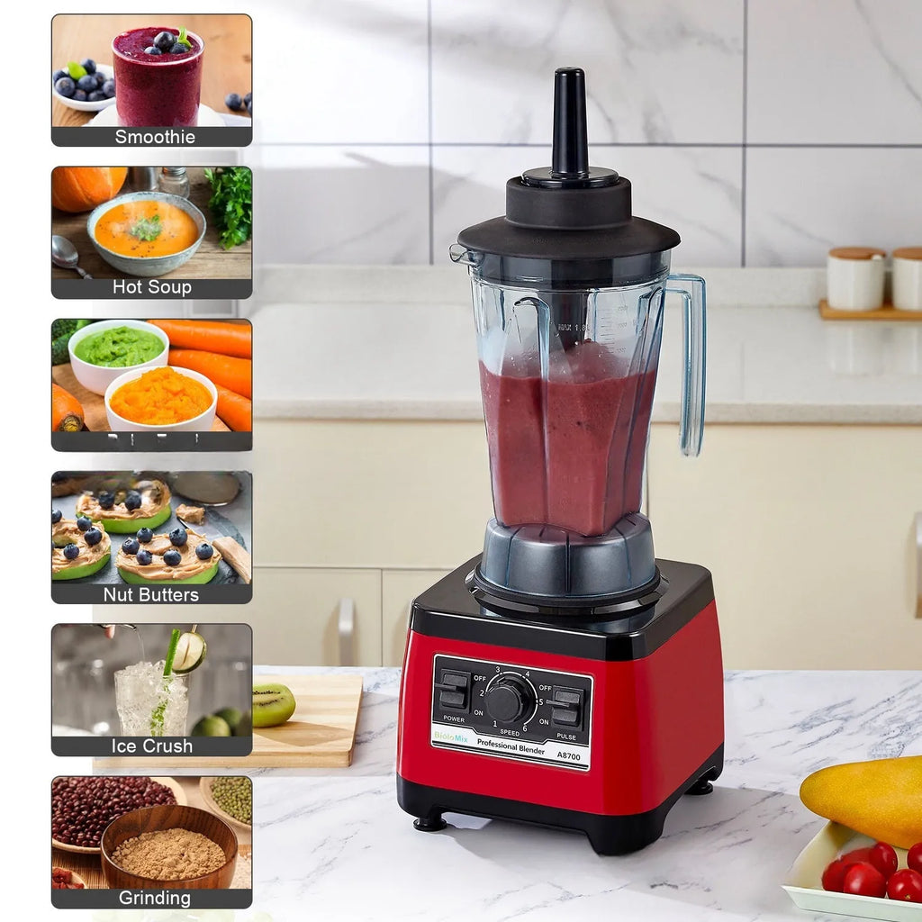 Red industrial-style commercial blender with 2200W power and 2-litre capacity jug.
